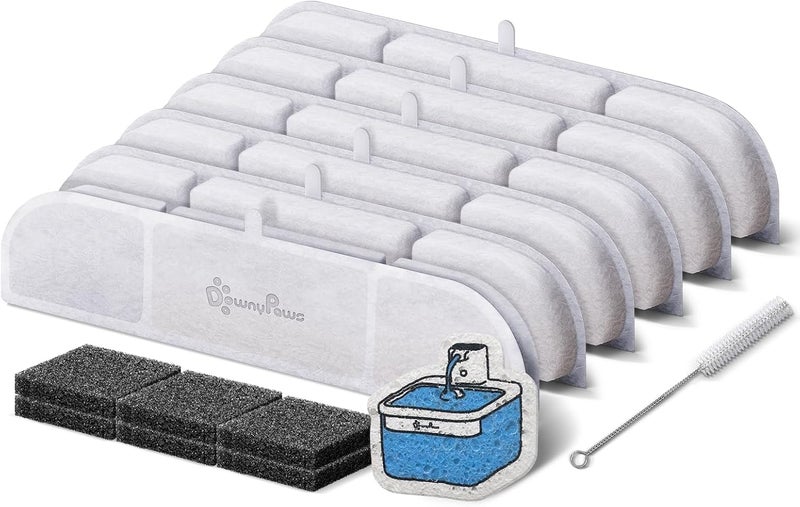 DownyPaws 6 Packs Replacement Filters for Battery Operated Cat Water Fountain DPWFP6, with 1 Cleaning Sponge and 1 Brush, 3 Months Set of Replacement Filters - Image 1